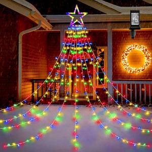 BlcTec Outdoor Christmas Decorations 317 LEDs Christmas Lights with 9 Strands 11.9ft Waterfall Christmas Tree Lights, 8 Modes, Waterproof, Topper Star & Timer for Yard Patio Xmas Dcor, Multicolor