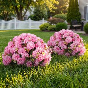 Suncalla Pink 2 Set Artificial Boxwood Topiary Ball Trees with Hydrangea Flower, 19.7" UV Resistant Outdoor Faux Plants with Ground Spike for Planter Front Door Home Indoor Porch Patio Decor