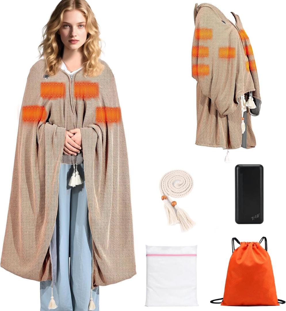 71" x 43" Wearable Heated Blanket, 20,000mAh 7.4V Power Bank, 3 Heat Levels, 11 Panels, Machine Washable, Laundry Bag & Belt (Apricot White)
