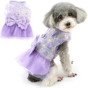 Zunea Puppy Dog Dresses for Small Dogs Girl Summer Princess Harness Lace Dress with Leash Ring Breathable Mesh Vest Skirt with Bowknot Cute Flowers Female Pet Clothes for Chihuahua Yorkie Purple S