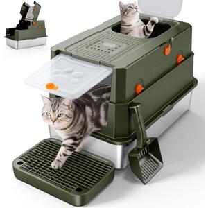 FURTIME Stainless Steel Litter Box with Lid, Enclosed Metal Cat Litter Box