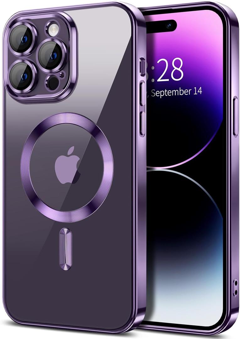 Hython Magnetic Clear for iPhone 14 Pro Case with Camera Lens Protector [Compatible with MagSafe] Luxury Plating Edge Slim Soft TPU Cover Protective Phone Case for iPhone 14 Pro 6.1", Deep Purple