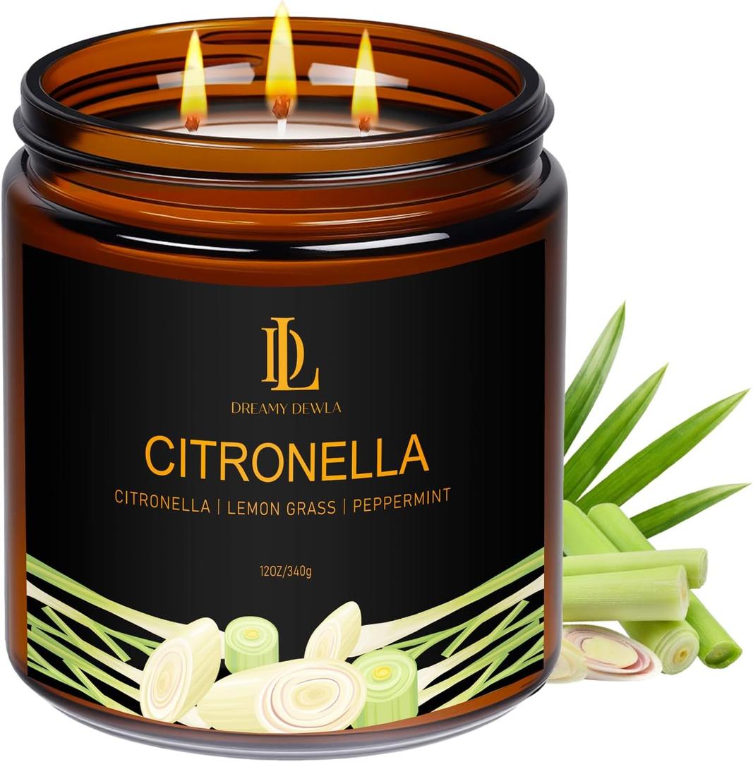 Citronella Candles Outdoor, Large 3 Wick 12oz Scented Candles up to 60 Hours Burning, Natural Citronella Soy Wax Candle for Summer Outside Camping Patio Picnic Garden