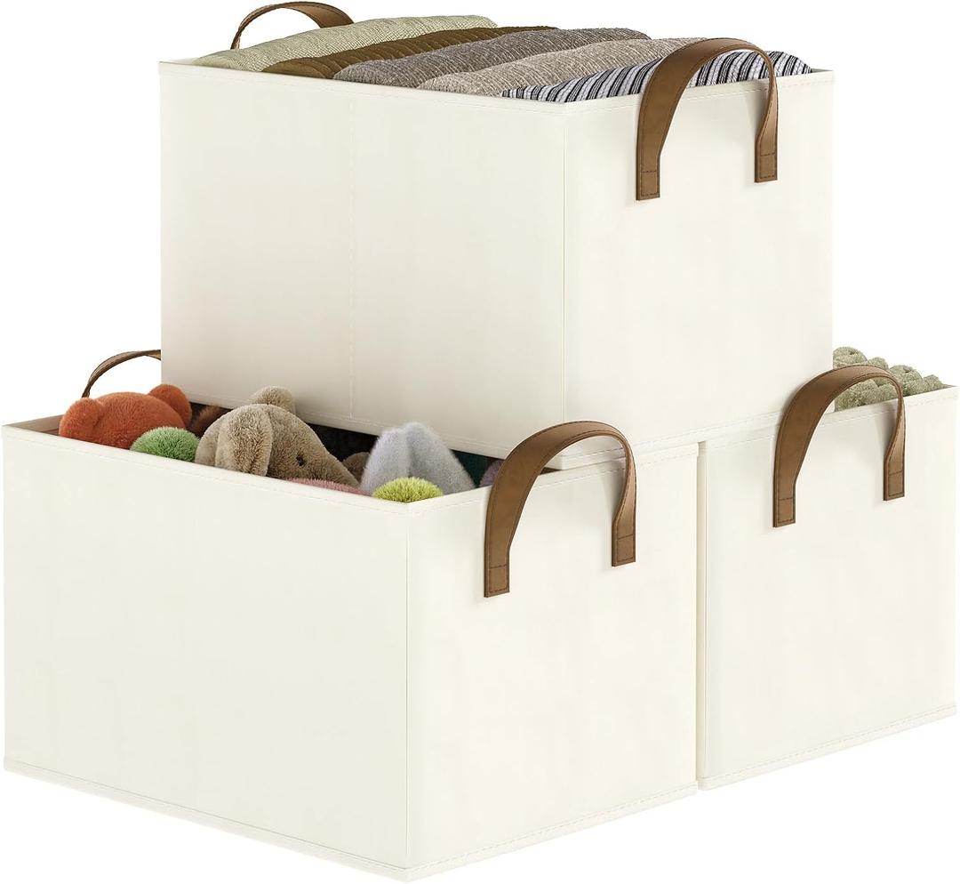 Closet Storage Bins, Fabric Closet Organizers and Storage Basket for Shelves, Collapsible Shelf Baskets for Organizing Shelves, Bedroom Clothes Basket, Beige, 3 Pack (19" L x 13 " W x 11" H)