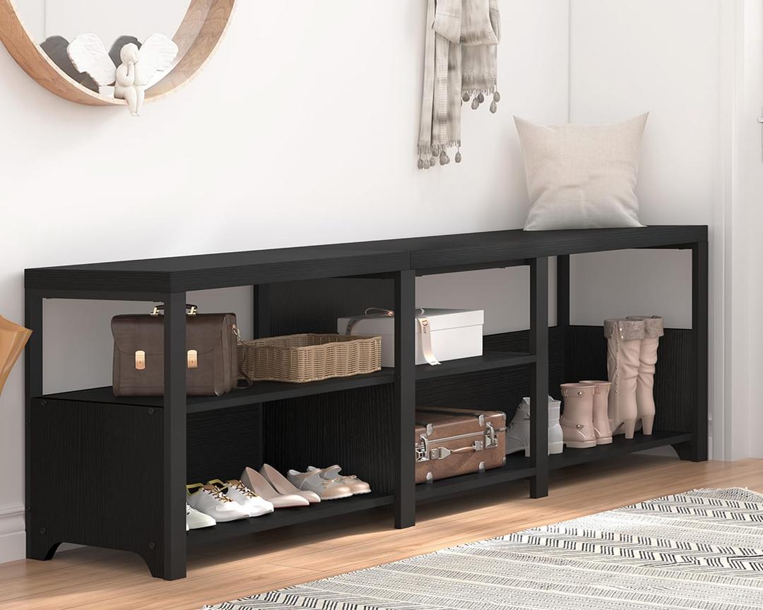 HSH Black Bench, 57 Long Entryway Bench with Shoe Storage, Corner Convertible Storage Bench with Shelf for Foyer Entrance, Wooden Metal L Shaped Shoe Rack Benchs for Bedroom Living Room, Black Oak