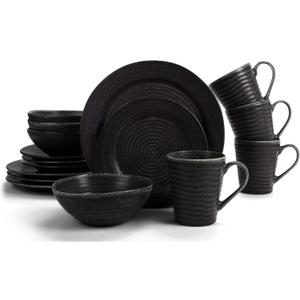 Elanze Designs Charming Chic Ribbed Modern Thrown Pottery Look Ceramic Stoneware Plate Platter Mug & Bowl Kitchen Dish Dinnerware 16 Piece Set - Service for 4, Black With White