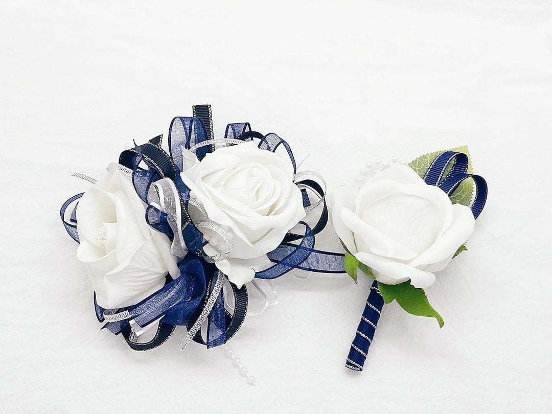Dark Blue Rose Wrist Corsage Wristlet Band Bracelet and Men Boutonniere Set for White Wedding Flower Accessories Prom Suit Decorations