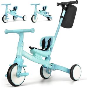 5 in 1 Toddler Tricycle with Steering Push Handle for 1 2 3 4 Years Old, Kids Trike with Removable Pedals, First Riding Toy for Boys Girls Birthday Gift, Blue