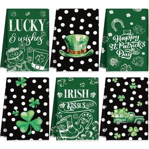 Mixweer 6 Pcs St. Patrick's Day Kitchen Towel Vintage Lucky Shamrock Clover Dish Towel Retro Watercolor White Polka Dot St Patricks Day Hand Towels for Bathroom Home Absorbent Tea Towel, 16 x 24 Inch
