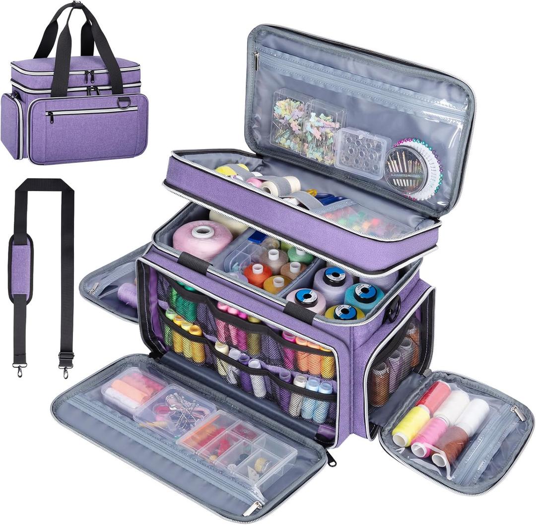 Large Sewing Supplies Organizer, Double Layer Sewing Storage Organizer with Two Detachable Dividers, Travel Sewing Bag Organizer with Shoulder Strap for Accessories, Purple, (Bag Only)