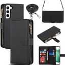 iCoverCase for Samsung Galaxy S22 Wallet Case with Card Holder, Kickstand Feature PU Leather Case with Adjustable Crossbody Lanyard Magnetic Clasp Zipper Pocket Flip Cover (Black)