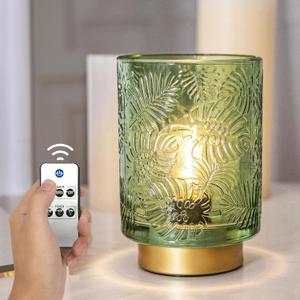 Battery Operated Small Cordless Table Lamps with Remote Control,Glass Dimmable Brightness Wireless Lamp with Timer,Battery Powered Lamp for Bedroom Living Room Home Decor(Jade Green)