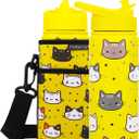 18 OZ Kids Water Bottle with Carrier Bag & Strap Leak Proof Metal Insulated Stainless Steel Tumbler with 2 Lids (Flip & Spout) for School & Sports Water Bottle with Straw - Yellow (Cat)