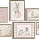 2 x 6Pcs Pink Nursery Bunny Wall Art Kids Swan Flower Painting Pictures Cute Rabbit Animal Poster Prints Retro Hot Air Balloon Canvas Wall Decor for Kid Baby Girls Bedroom Unframed