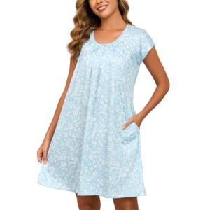 Donnalla Moo Moos for Women Short Sleeve House Dress with Pockets Floral Print Mumu Dress Soft Nightgown Plus Size Sleepwear Hawaiian Muumuu Loungewear (Blue, XXL)