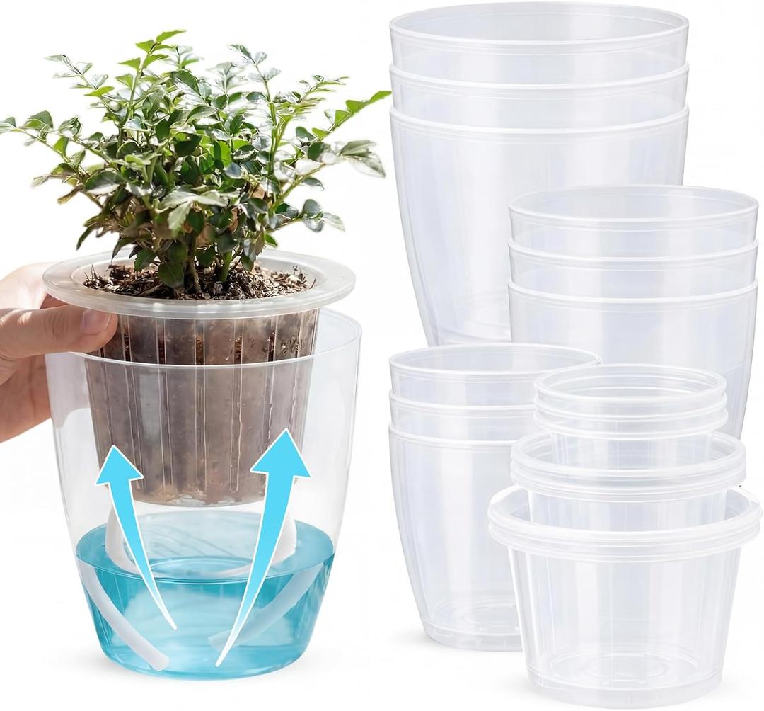 9 Pcs 3 Each of 5'', 6.5'', 7'' Clear Self Watering Plant Pots, Transparent African Violet Pots with Drainage Holes Plastic Wick Flower Planters for Indoor Flowers, Spider Plant, Orchid Pot