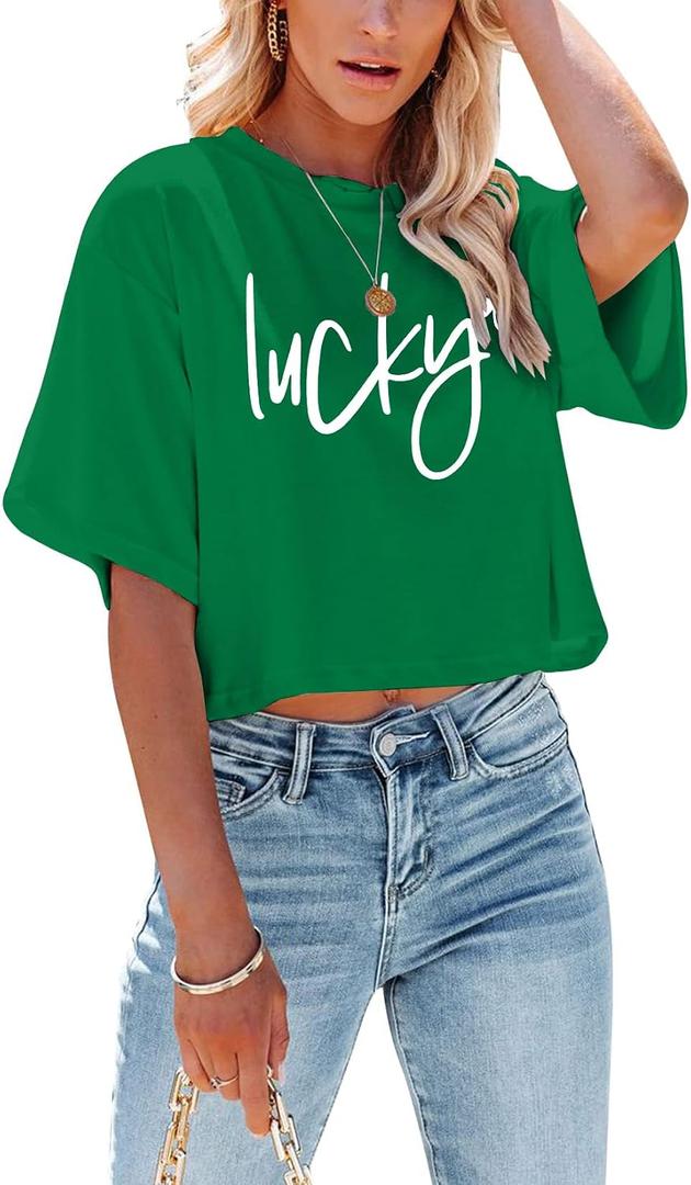 St Patricks Day Shirt Women Luck Shamrock Shirts Cute Saint Patricks Day Crop Top Irish Raglan Shirt (M)
