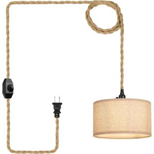 Plug in Pendant Lights Fabric Hanging Lamp Kit with Dimmable Switch 15 Ft Long Hemp Rope Farmhouse Pndant Light Cord Lighting Fixture DIY Hanging Light (Drum 1 Pack)