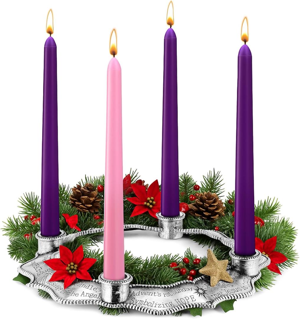 Mumufy 5 Pcs Advent Candle Holder Set Nativity Christmas Centerpiece Religious Decoration Metal Advent Candle Holder and Purple Pink Candles for Thanksgiving Nativity Xmas Church Home