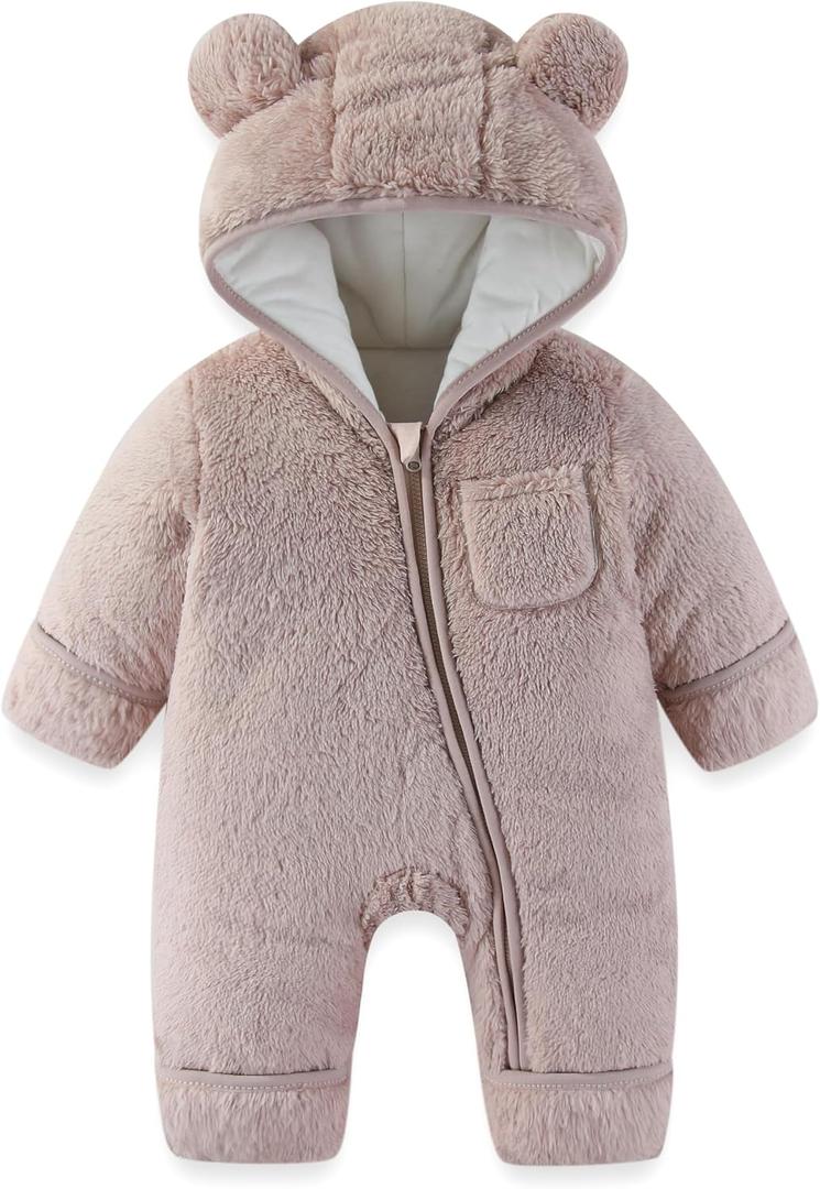 AiWMGL Newborn Baby Bear Outfit With Fold-Over Mittens and Footies 3-6 Months Girls Boys Winter Thickened Fleece Clothes Hooded Romper Snowsuit Gray
