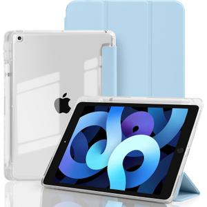 Case for iPad 9th/8th/7th Generation (2021/2020/2019), Hybrid Protective Cover for iPad 10.2 inch with Pencil Holder, Clear Transparent Back Shell Anti-Yellowing Case, Light Blue