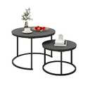 HAHRIR Modern Coffee Tables Set of 2 Round Wood End Tables with Metal Frame for Living Room and Small Space Coffee Nesting，Grey