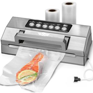 Precision Food Vacuum Sealer Machine, POWOT Fully Automatic Vacuum Sealing System, Commercial Food Vacuum Saver Pro, Double Heat Seal, Easy-Lock Handle, Built-in Cutter&Bag Storage, Hose&Bag Rolls