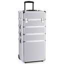 OUDMAY Makeup Rolling Train Case 4-in-1 Professional Artist Trolley Cosmetic Organizer with 2 Wheels Durable Aluminum Frame Folding Trays and Locks Silver