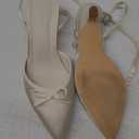 Coutgo Satin Kitten Low Heels with Bow Closed Pointed Toe Short Pumps Dress Wedding Party Shoes (7.5, Beige)