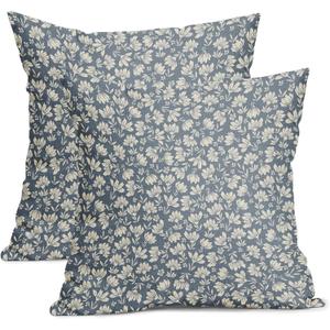 Blue Gray Daisy Floral Block Print Pillow Covers 18X18 Inch Grey Beige Flowers Decorative Square Pillow Cases Set of 2 Farmhouse Home Decor Vintage Rustic Cute Throw Pillows For Sofa Couch Outdoor