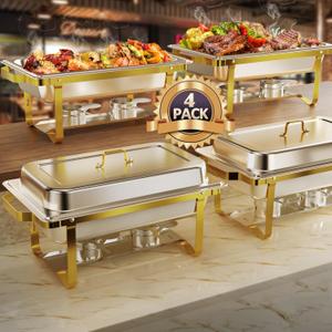 ROOMTEC Chafing Dishes for Buffet 4 Pack, 8QT 304 Stainless Steel Chafing Dish Buffet Set, Chafers and Buffet Warmers Sets for Birthday, Wedding, Rolled-Edge Design, Gold and Silver