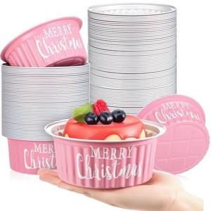 Ziliny 50 Pcs 1lb Christmas Bread Loaf Pans with Lids Pink Aluminum Loaf Pans Xmas 580ml Mini Round Disposable Baking Cupcake Tin Christmas Containers for Food Packing Gifts