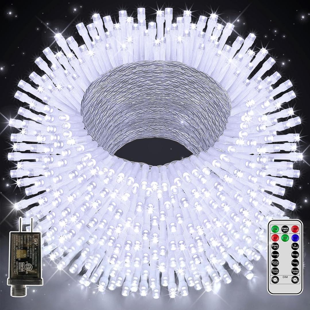 shineshine Christmas Lights Outdoor 1000LED 328FT, 8 Lighting Modes White String Lights with Remote, Christmas Lights for Indoor Outside Wedding Xmas Party Home Decorations, HG-29V110C