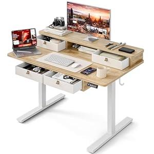 Grandder Electric Standing Desk with Four Drawers, Sit to Stand Up Height Adjustable Desk with Storage Shelf for Home Office, 55 * 28 Inch, Study, Ergonomic Adjustable Computer Desk, Oak