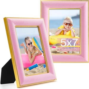 5x7 Velvet Picture Frame, Pink Photo Frames with Modern Simple Metallic Gold Border, HD Real Glass Horizontal & Vertical Display for Tabletop and Wall Collage Decor (1 Pack)