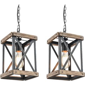 Farmhouse Pendant Light, Adjustable Metal and Wood Chandelier Light Fixture, Rustic Pendant Lighting for Kitchen Island, Bedroom, Dining Room and Entryway (Brown), 2 Pack