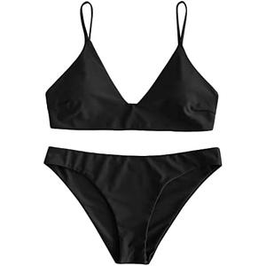 ZAFUL Women's Solid Spaghetti Strap Bralette Bikini Set One Piece Swimsuit, M