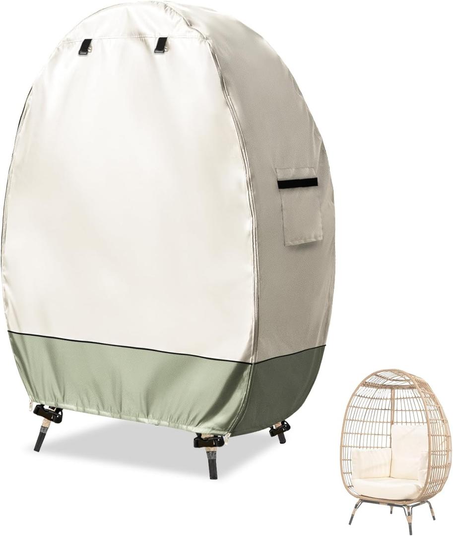 Outdoor Egg Chair Covers with Double Zipper,Waterproof Dust Proof Anti-UV Egg Chair Cover for Wicker Patio Basket Chair(Beige & Green,Cover Only) (45.3"L *25"W*55.1"H)