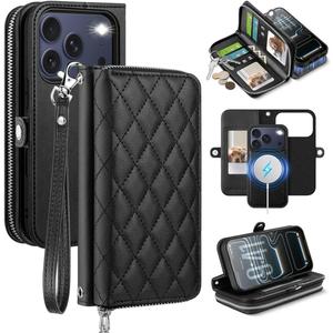 OCASE for iPhone 17 Pro Crossbody Detachable Wallet Case, PU Leather Handbag Phone Purse with Zipper Closure, Card Slots & RFID Blocking, Wrist Strap, Lanyard, Kickstand, Diamond Check Black