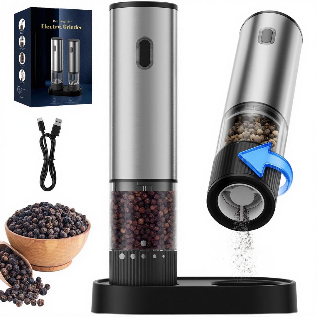 Electric Salt and Pepper Grinder Set, USB Rechargeable Salt and Pepper Shaker with LED Light, Stainless Steel Adjustable Automatic Pepper Mill for Kitchen, Dining