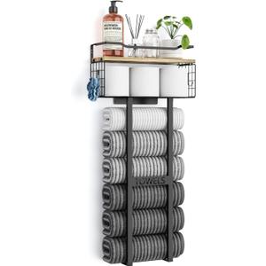 Aetyord Towel Racks for Bathroom - Wall Mounted Metal Rack with Wood Plank, Bathroom Storage Organizer, Towel Holder Stores 6 Large Rolled Towels Easily, Black with Wood Plank