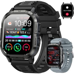 Smart Watch for Men Fitness Tracker: Make/Answer Call Military Smart Watches for Men Digital Watches Heart Rate Monitor Waterproof Running Smartwatch Android Phones iPhone Samsung Compatible 2 Bands (Black)