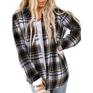 Asiertiy Womens Buffalo Plaid Flannel Shirt Long Sleeve Collar Button Down Blouses Lightweight Tops (XS-4XL) (Brown and Black Plaid)