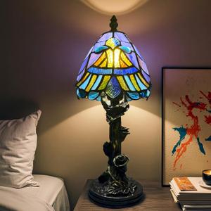Small Tiffany Style Lamp,Blue Baroque Mini Stained Glass Tiffany Lamps for Living Room Home,Bedroom Bedside Vintage Lamp for Office Dorm Bar Decor Gift,Included LED Bulb