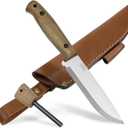 BPS Knives Adventurer - Bushcraft Knife - Fixed-Blade Carbon Steel Knife with Leather Sheath and Firestarter - Outdoor Full Tang Knives - Camping Knives - Survival Tactical Camp Knives (Brown)