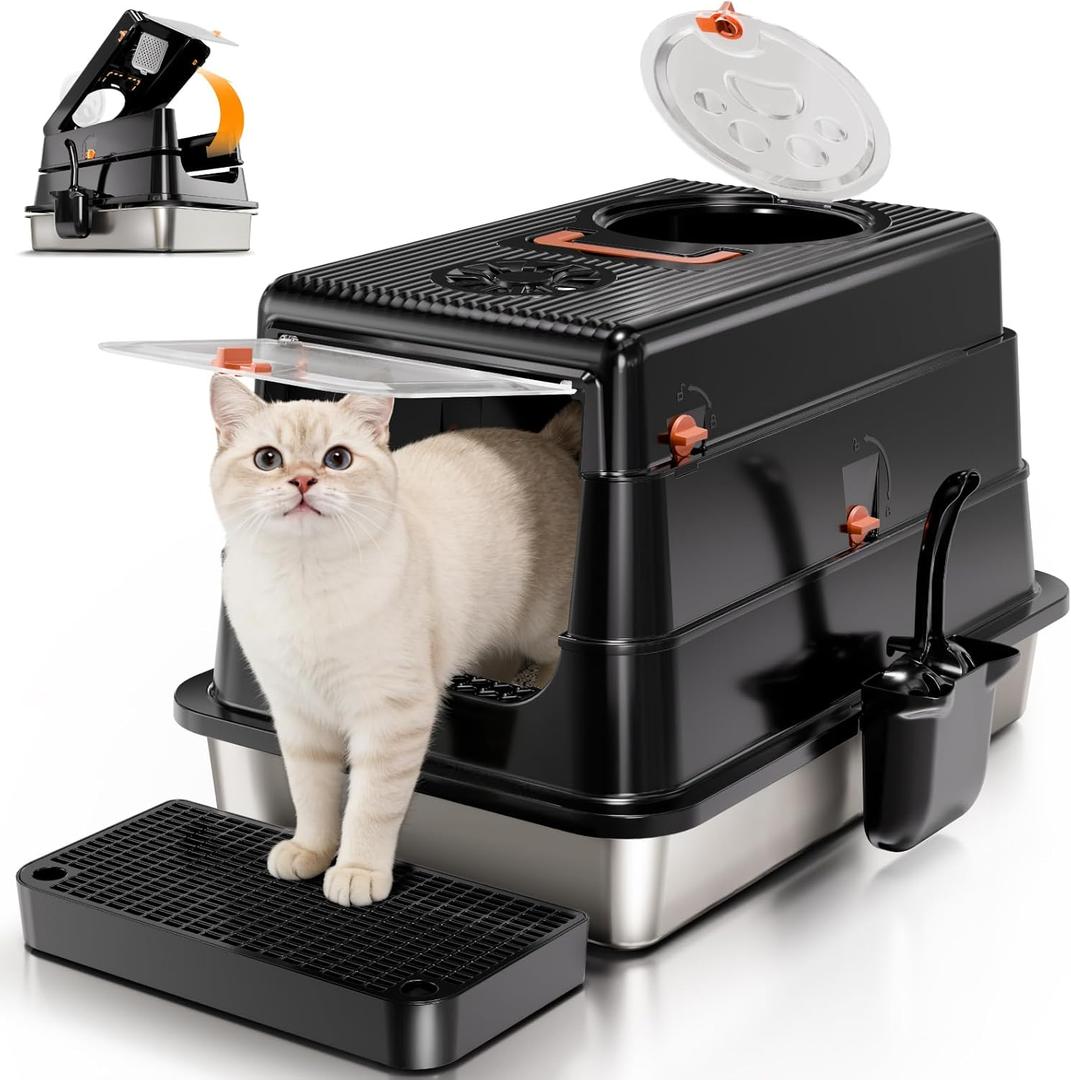 Stainless Steel Cat Litter Box with Lid, Enclosed Extra Large Metal Litter Pan for Big Cats, Full Flip Cover High Sided LitterBox Include Scoop, Easy Cleaning, Non-Stick, Black