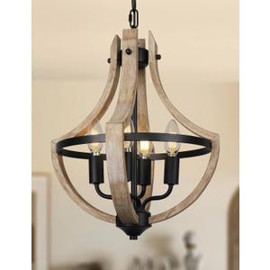 4-Light Farmhouse Dining Room Light Fixture, Adjustable Height Hanging Wood Vintage Pendant Lights for Kitchen Island Hallway Foyer Entryway Breakfast Area Bedroom