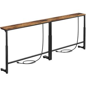 Kitstorack 2-Pack Narrow Console Table with Adjustable Height (25"-33") & 2 Power Outlets, Skinny Behind Couch Table, 79" Long x 5.9" Wide Sofa Side Table for Living Room, Rustic Brown