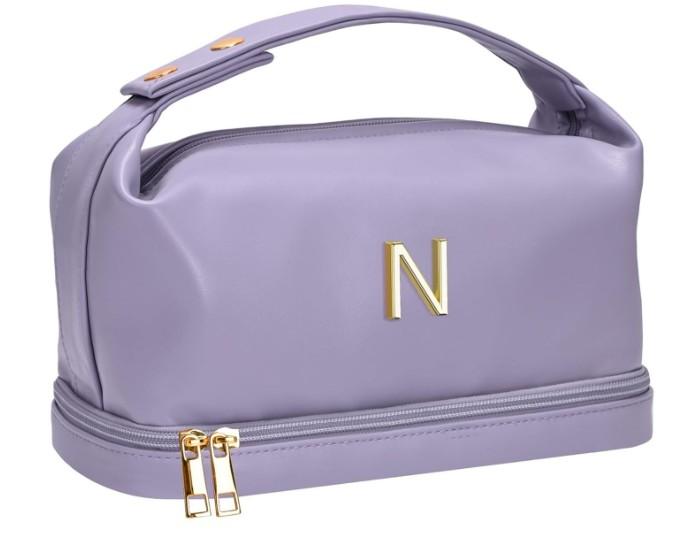 Engagement Gifts, Initial Large Makeup Bag, Personalized Double Layer Cosmetic Bag with Makeup Brush Organizer, Waterproof, Large Capacity PU Leather Travel Toiletry Bag