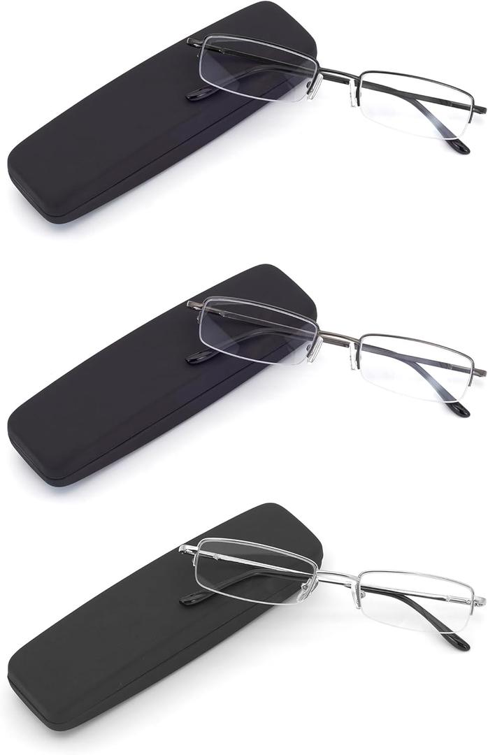 HIGHLIKE 2 or 3 -Pack Blue Light Blocking Reading Glasses with Hard Cases, Semi Frame Spring Hinge Readers Glasses (C02: Black Gunmetal Silver)